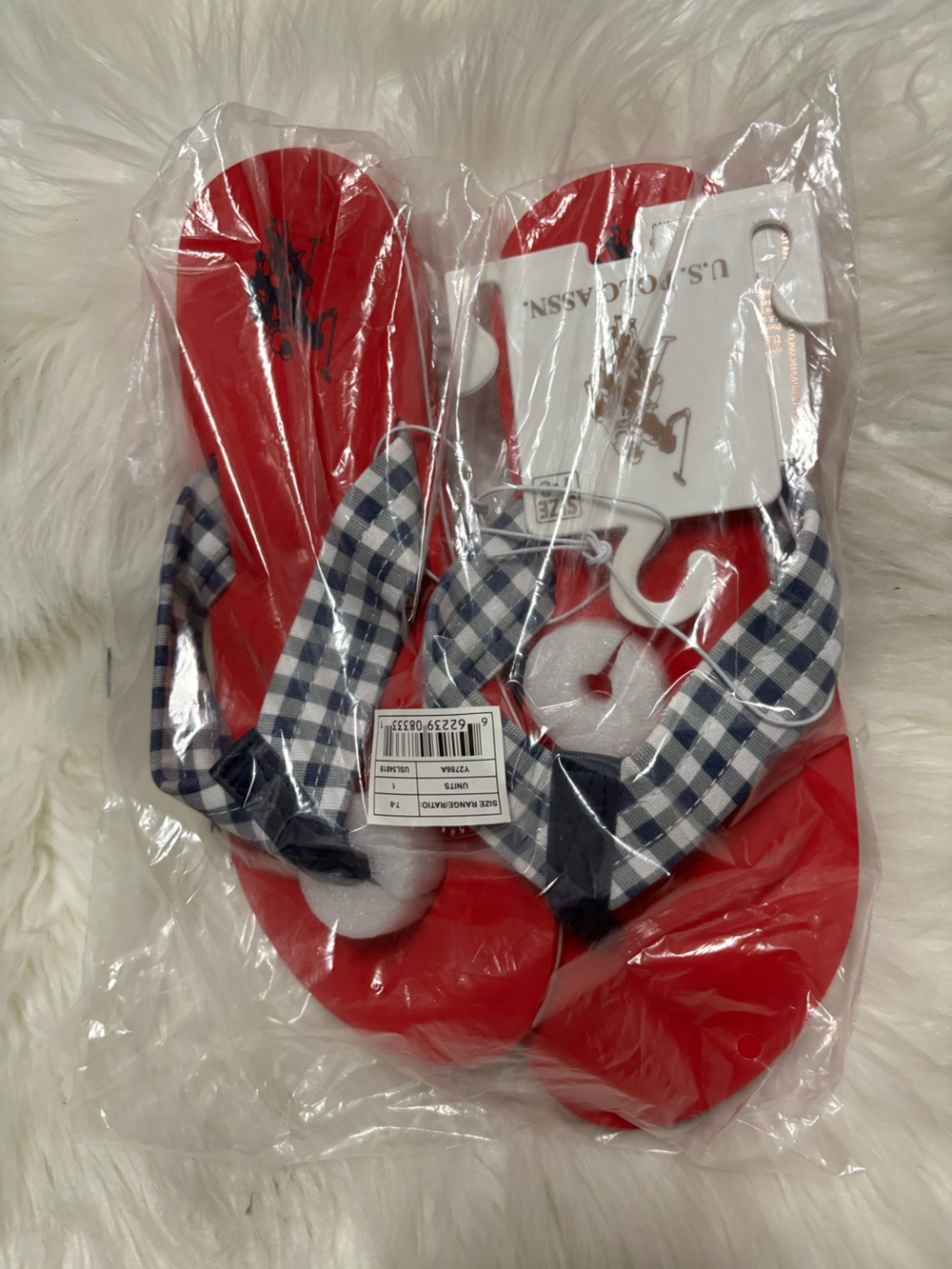 U.S. Polo Assn. Women’s Red Flip Flops with Navy Check Straps